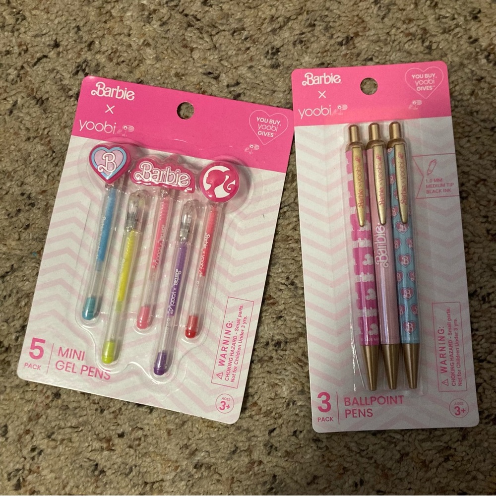 NIB Barbie x Yoobi pen set 3 ballpoint and 5 mini gel pens charms multi color